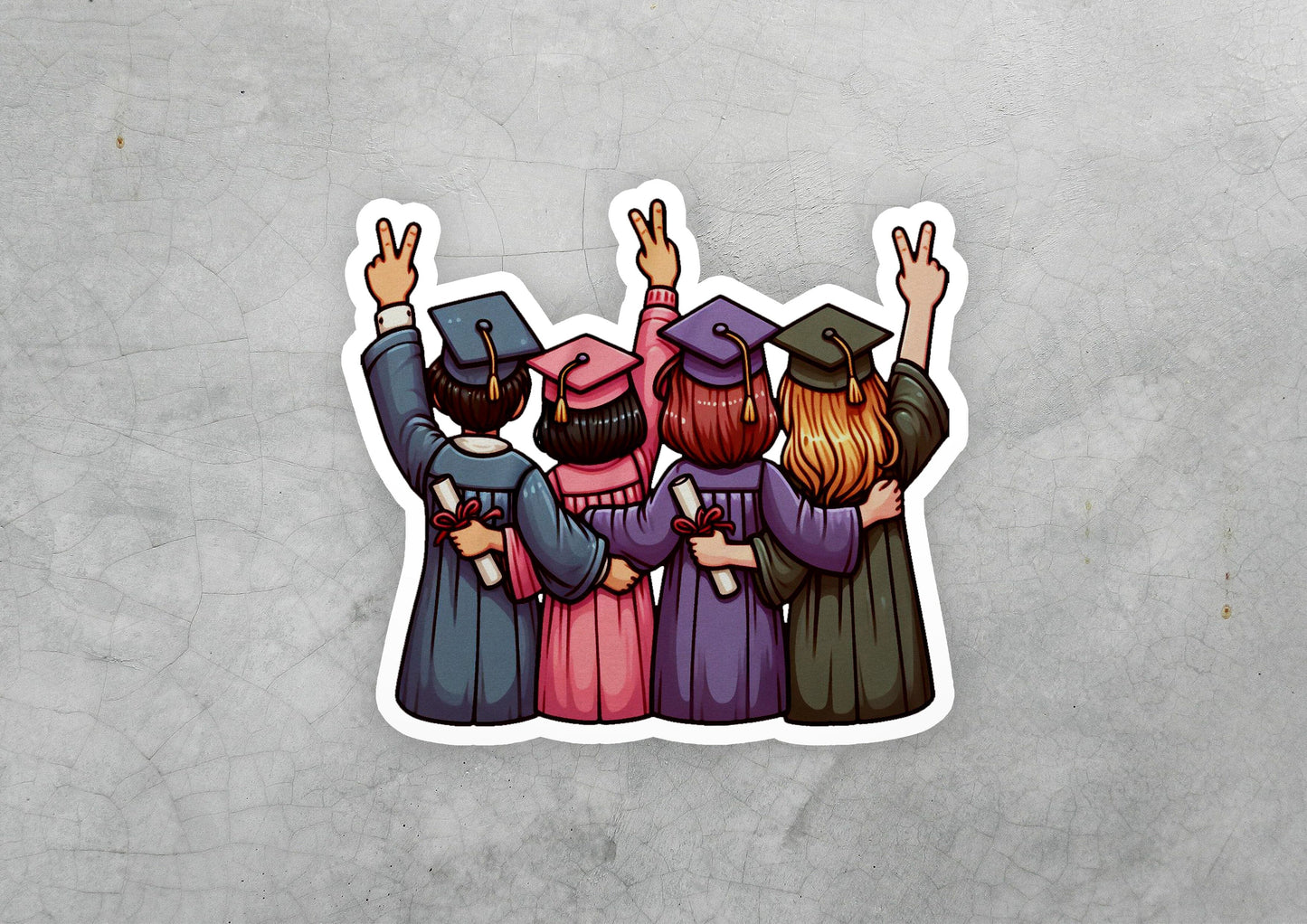 a sticker of a group of people wearing graduation caps and gowns