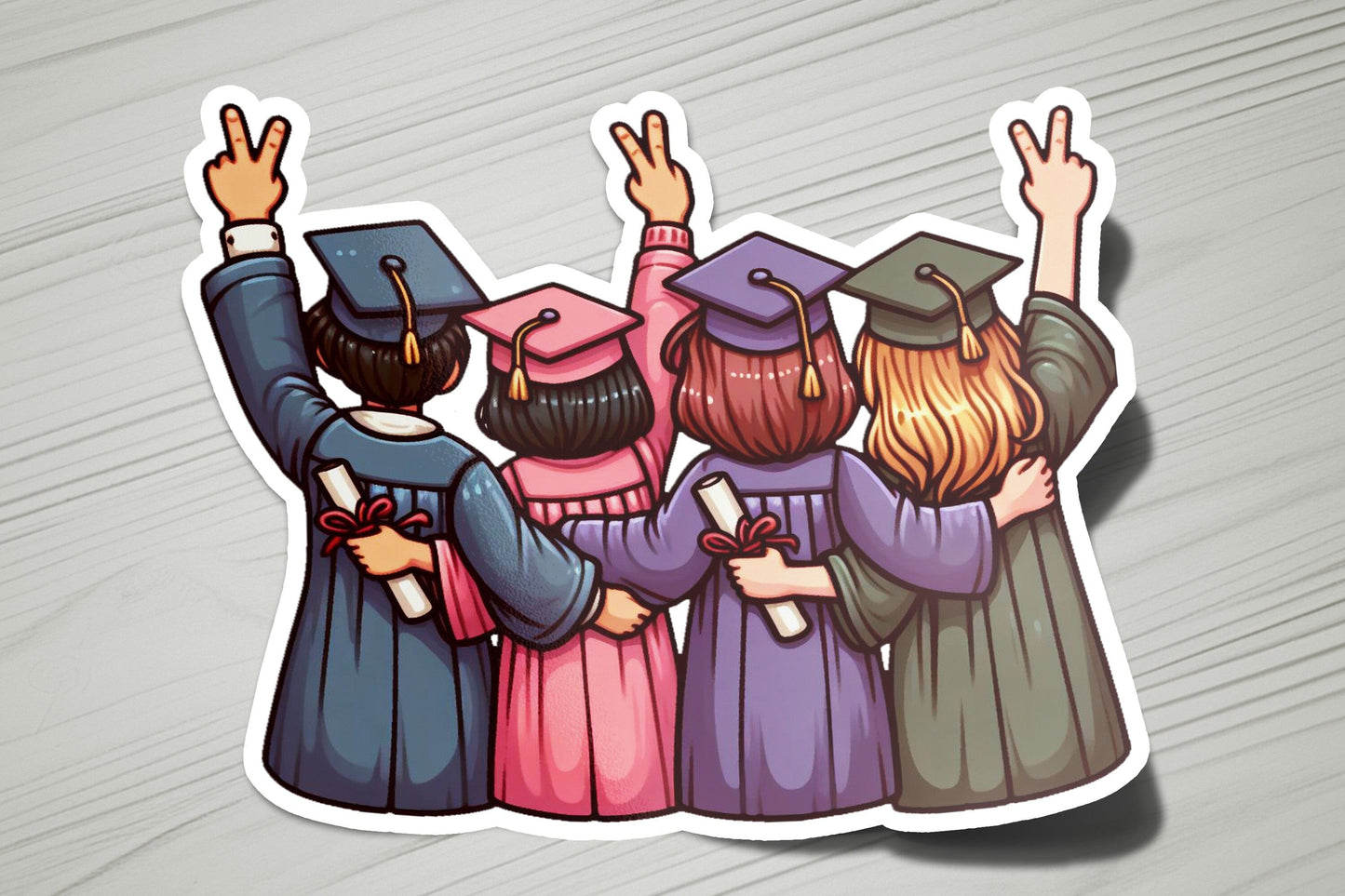 a sticker of a group of people wearing graduation caps and gowns