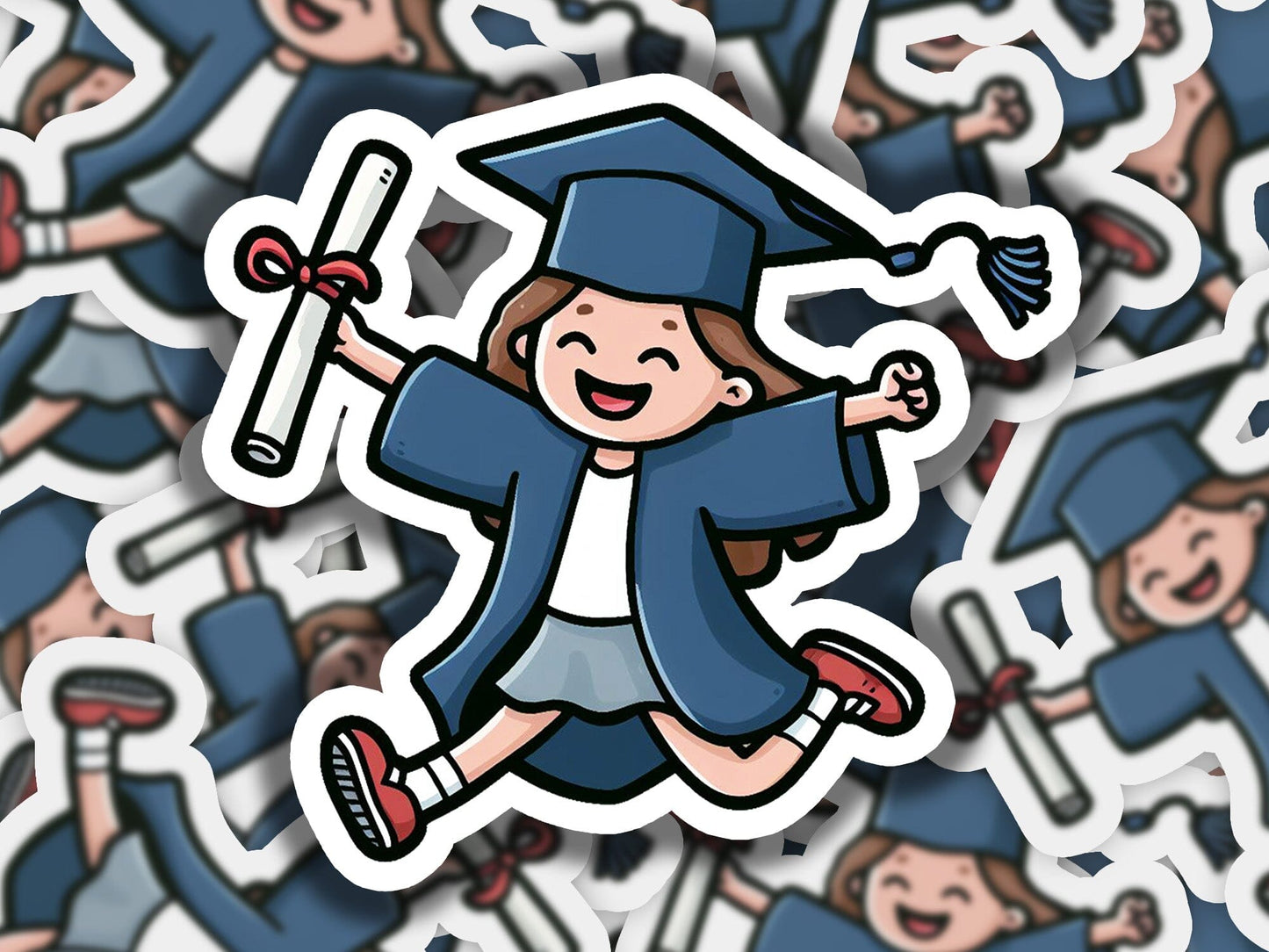a sticker of a girl in a graduation cap and gown