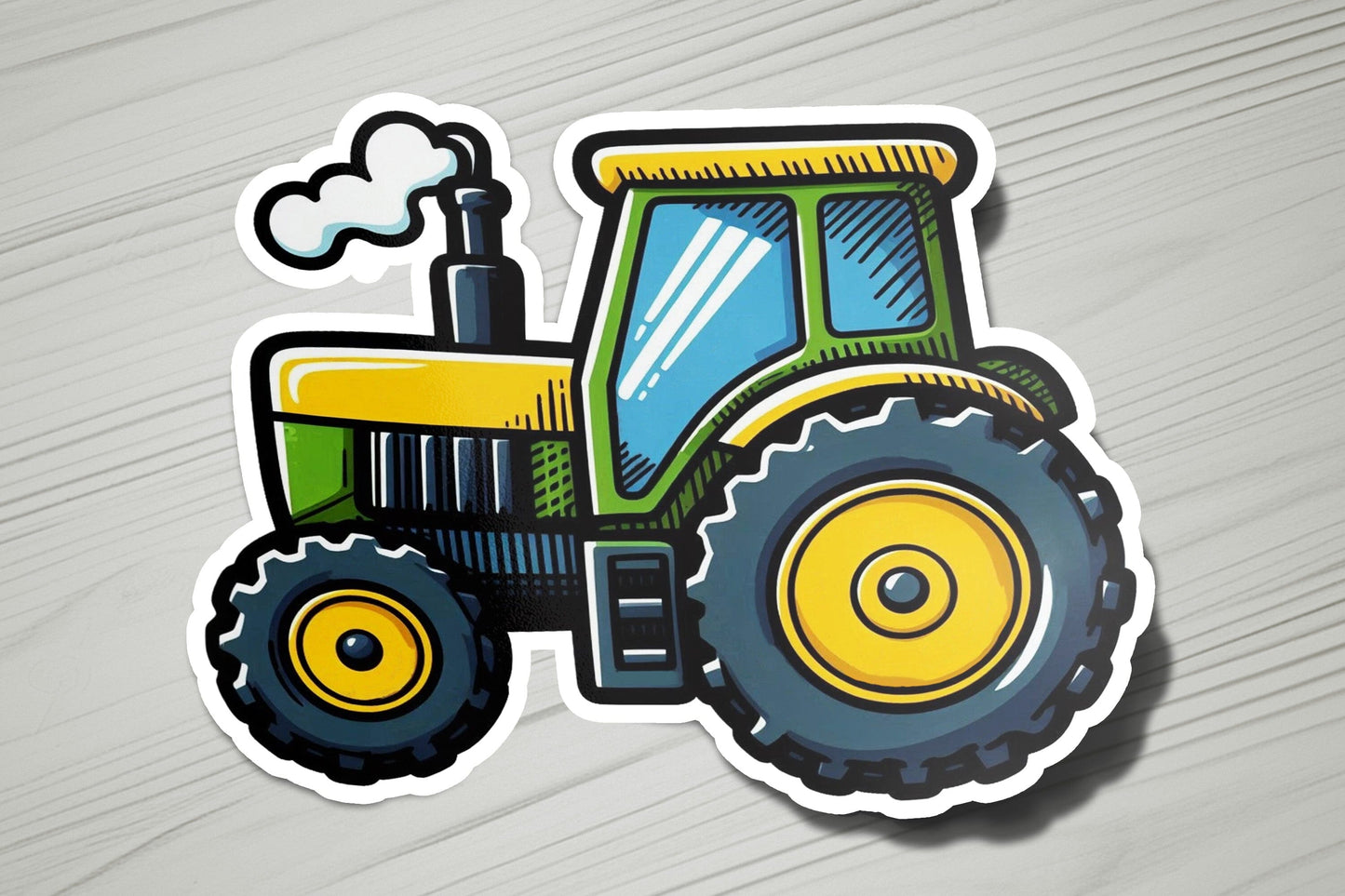 a sticker of a tractor on a wooden surface