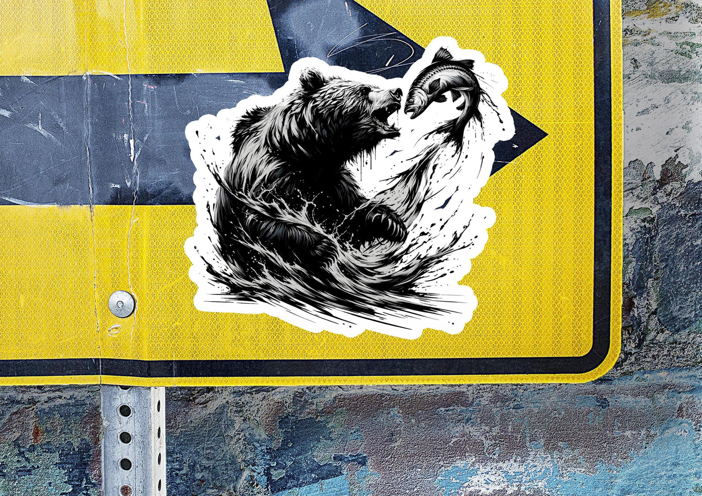 a bear sticker on a yellow and black sign