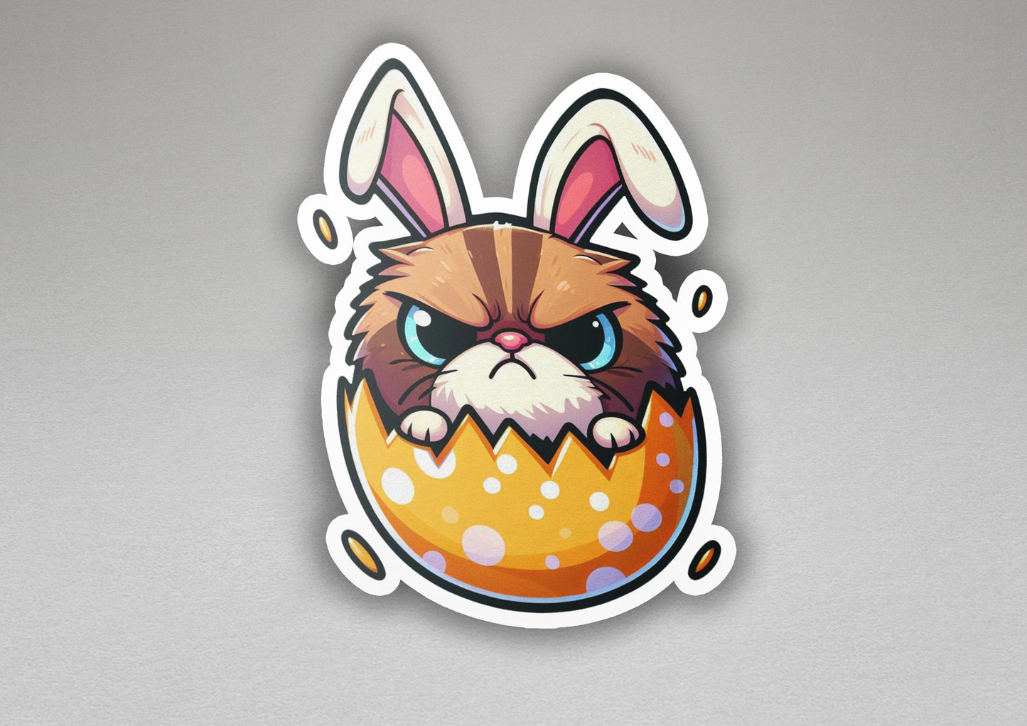 a sticker of an angry bunny inside of an egg