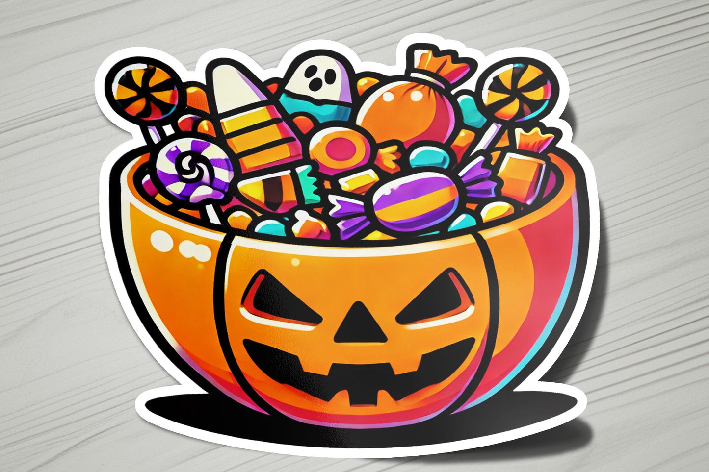 a sticker of a pumpkin bowl filled with candy