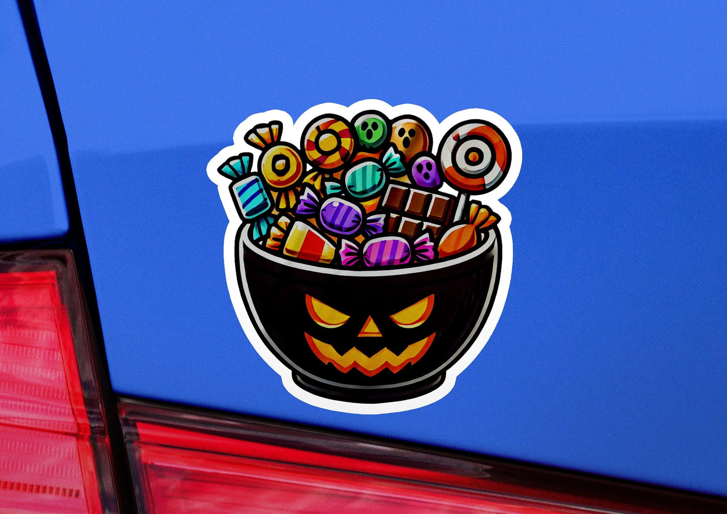 a car with a sticker of a bowl of candy