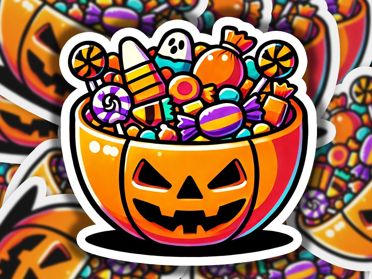 a sticker of a pumpkin with candy in it