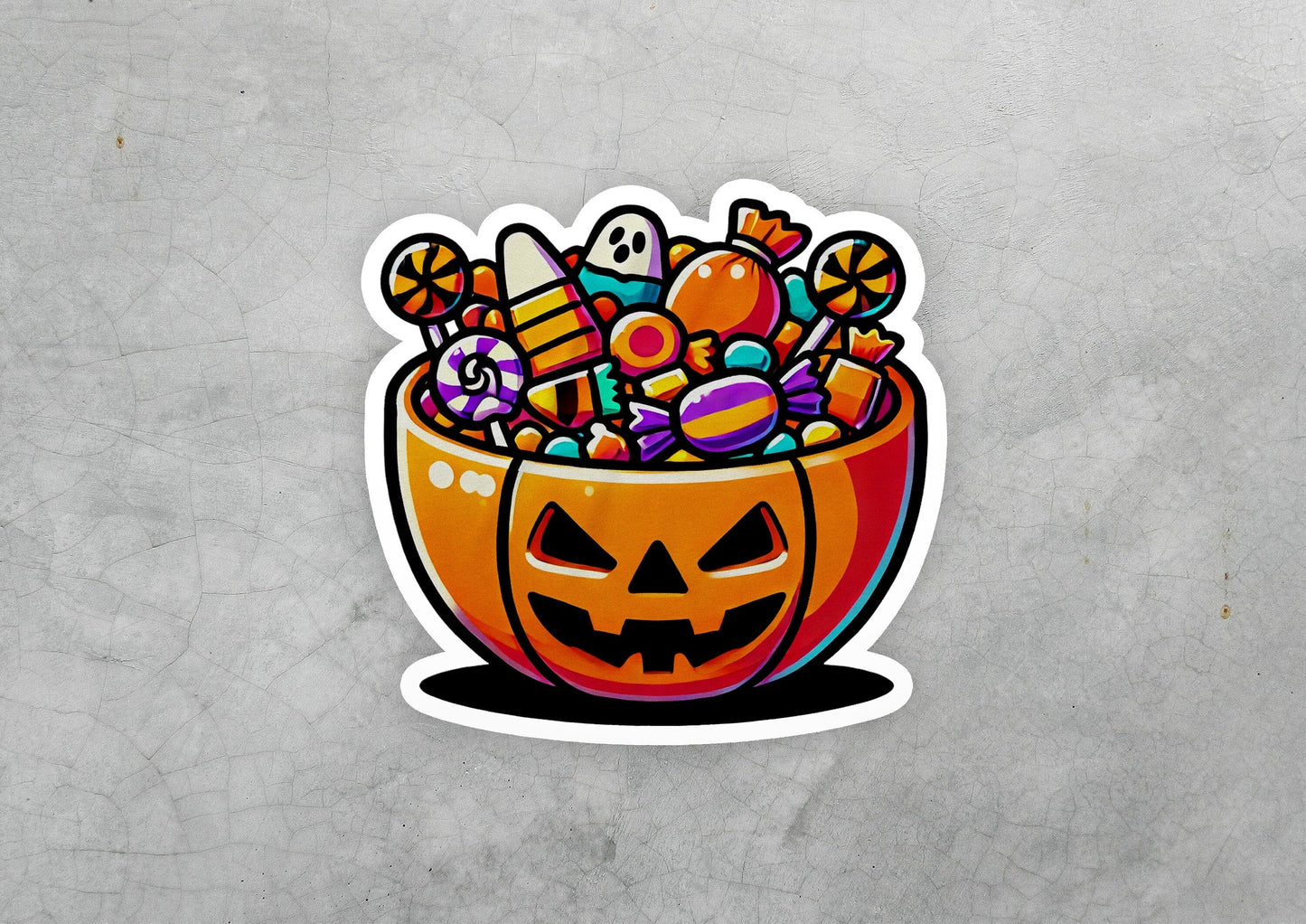 a sticker of a pumpkin filled with candy