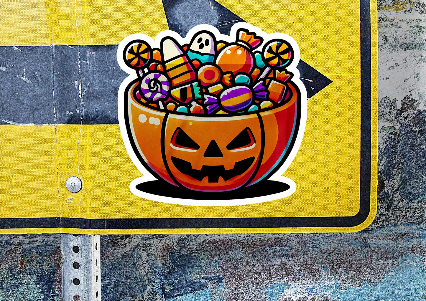 a sticker of a pumpkin with candy in it