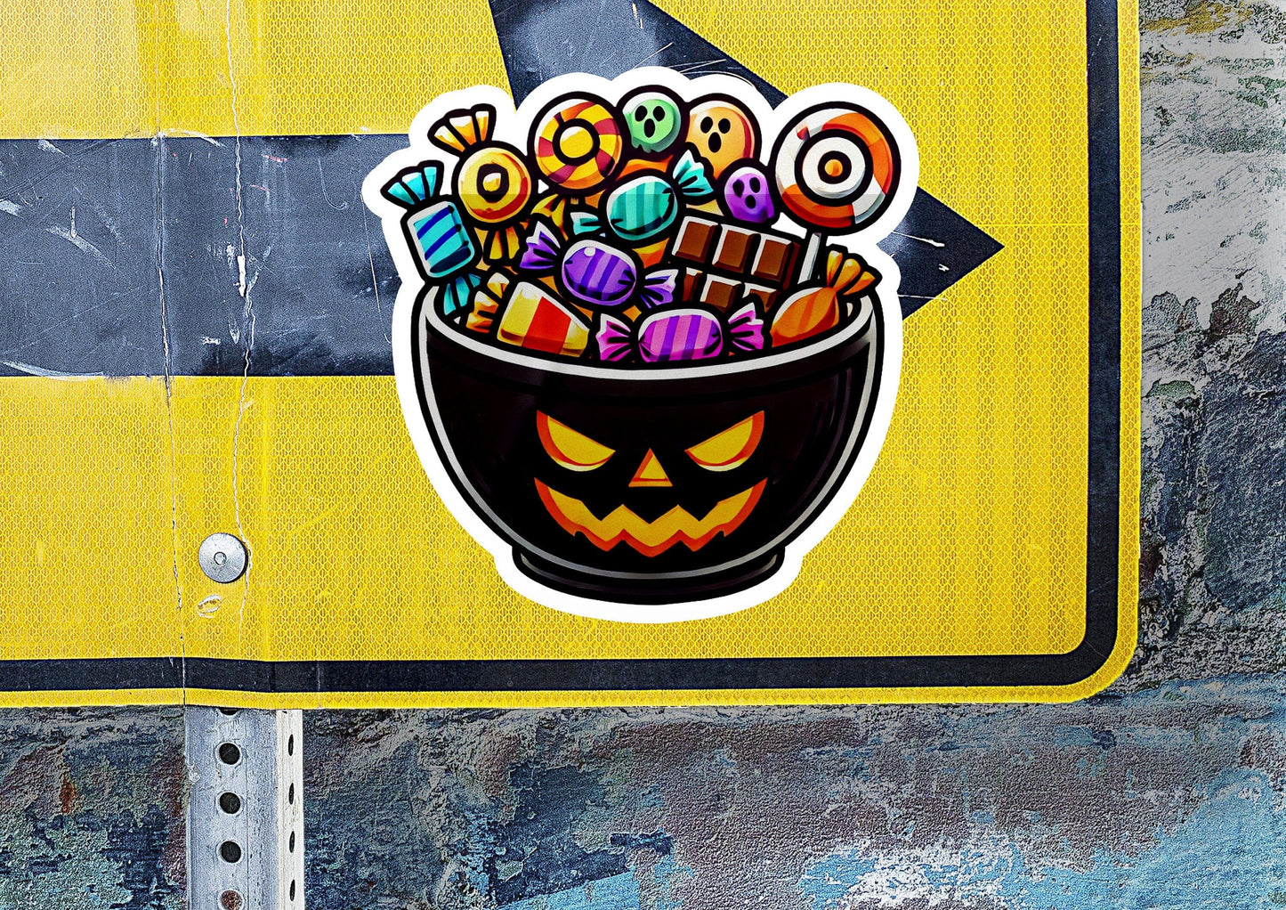 a sticker of a bowl of candy on a street sign