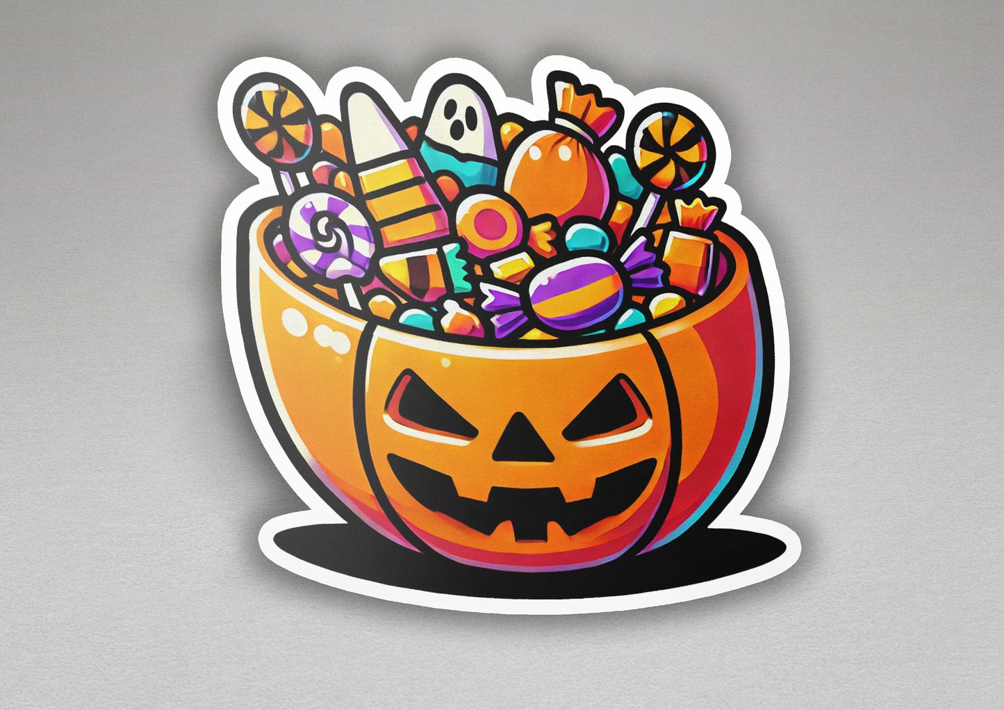 a sticker of a pumpkin filled with candy