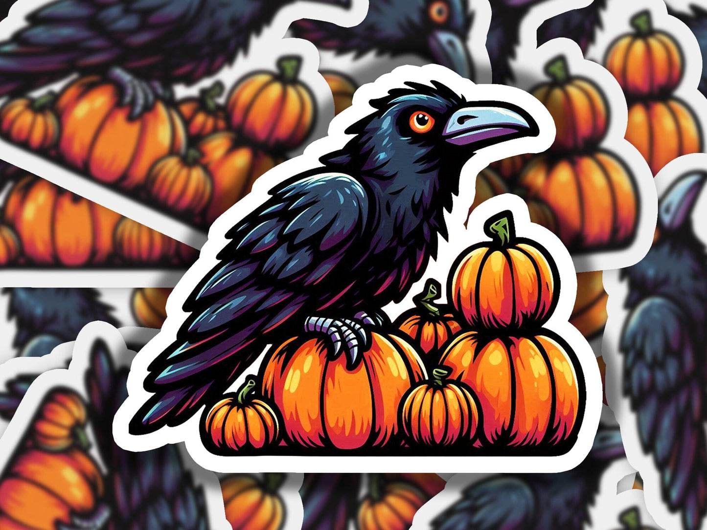 a black bird sitting on top of a pile of pumpkins