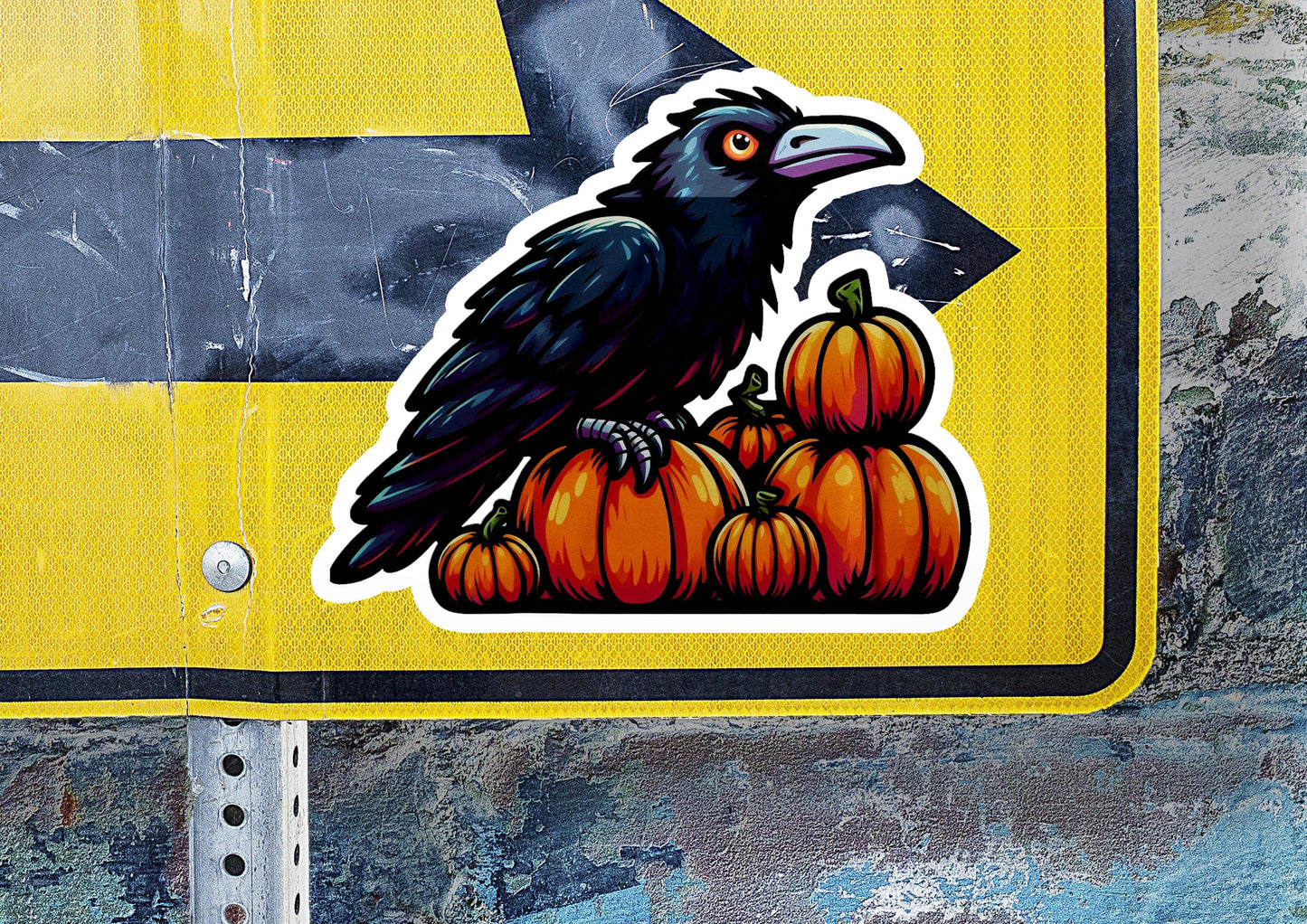 a sticker of a black bird sitting on top of a pile of pumpkins