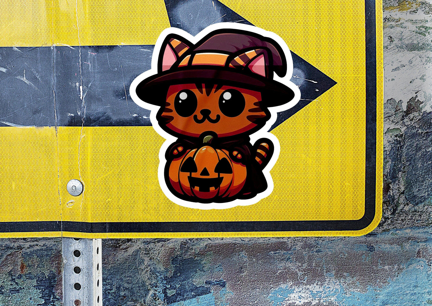 a sticker of a cat wearing a witch hat