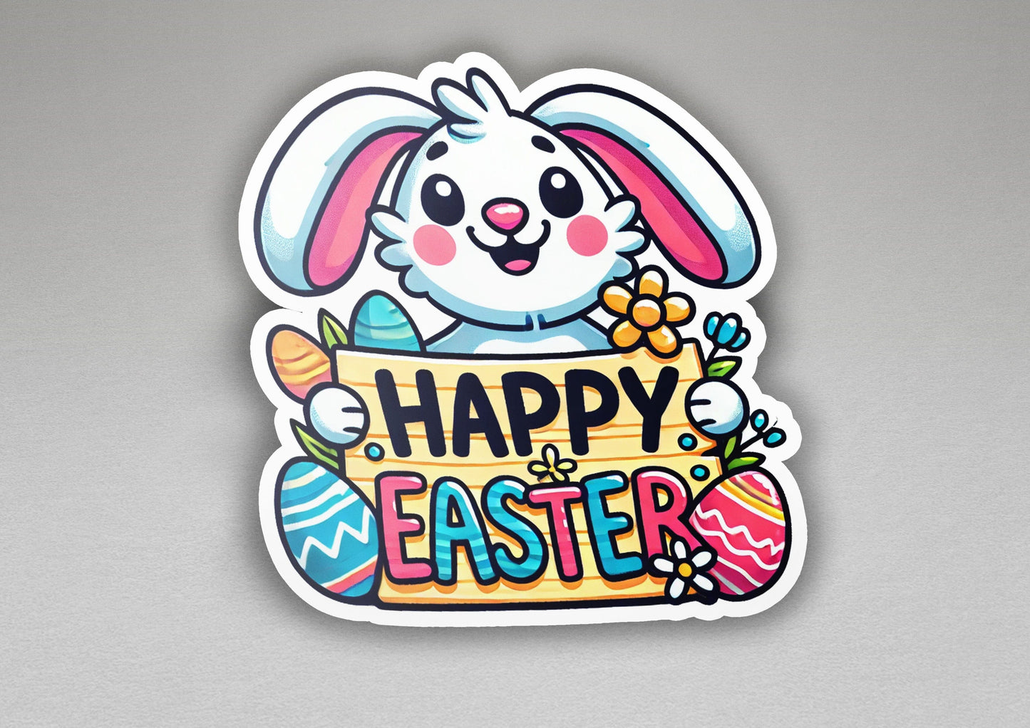 a sticker of a bunny holding a sign that says happy easter