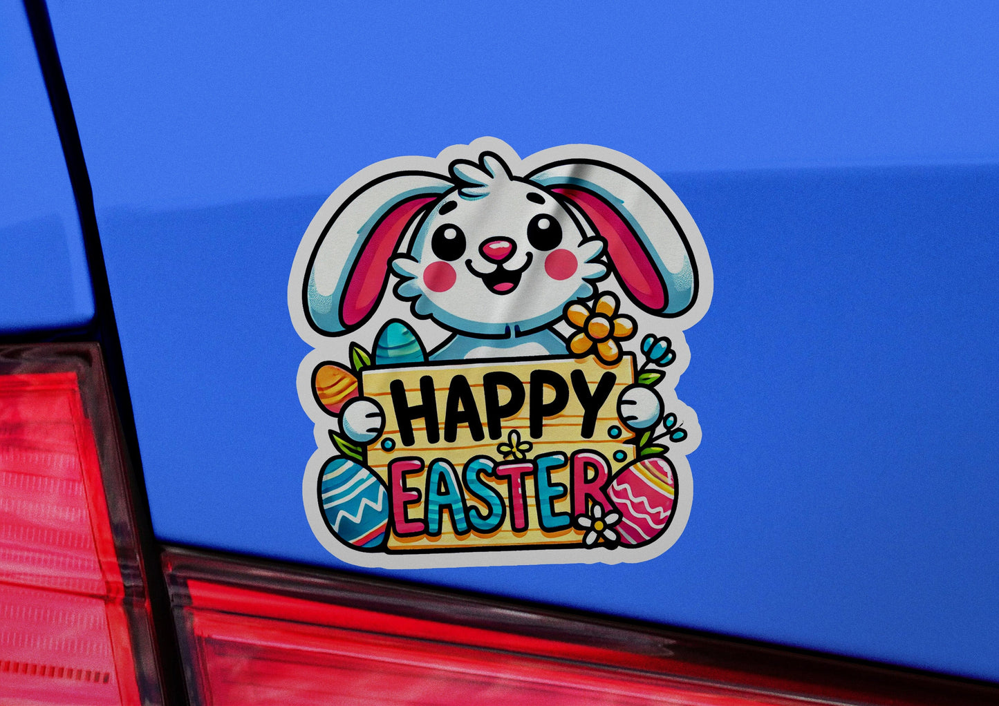 a sticker of a bunny holding a sign that says happy easter