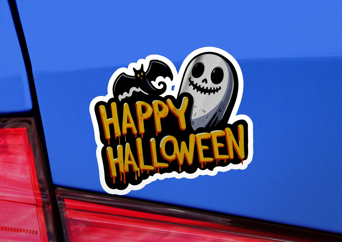 a car with a sticker that says happy halloween