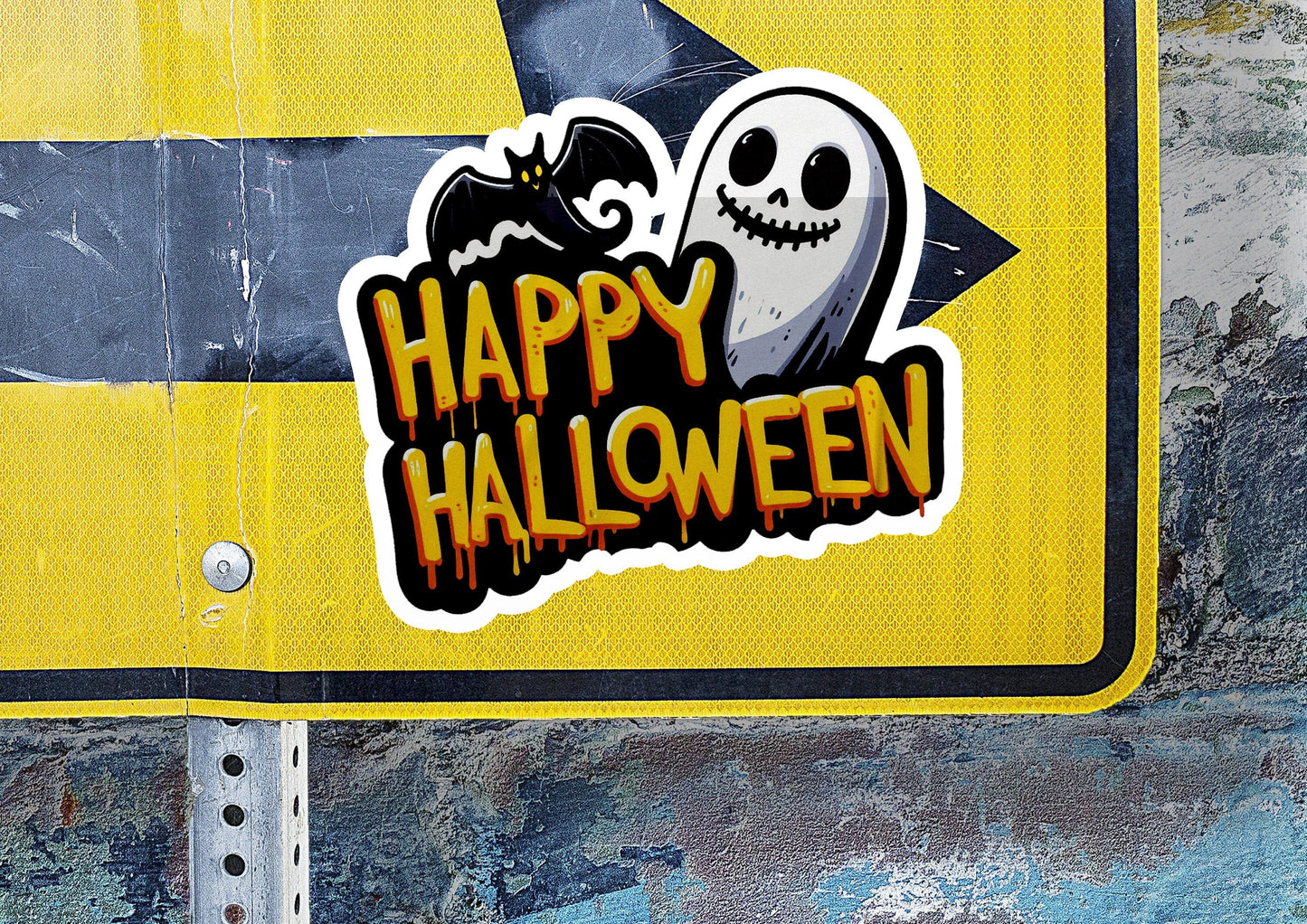 a happy halloween sticker on the side of a sign