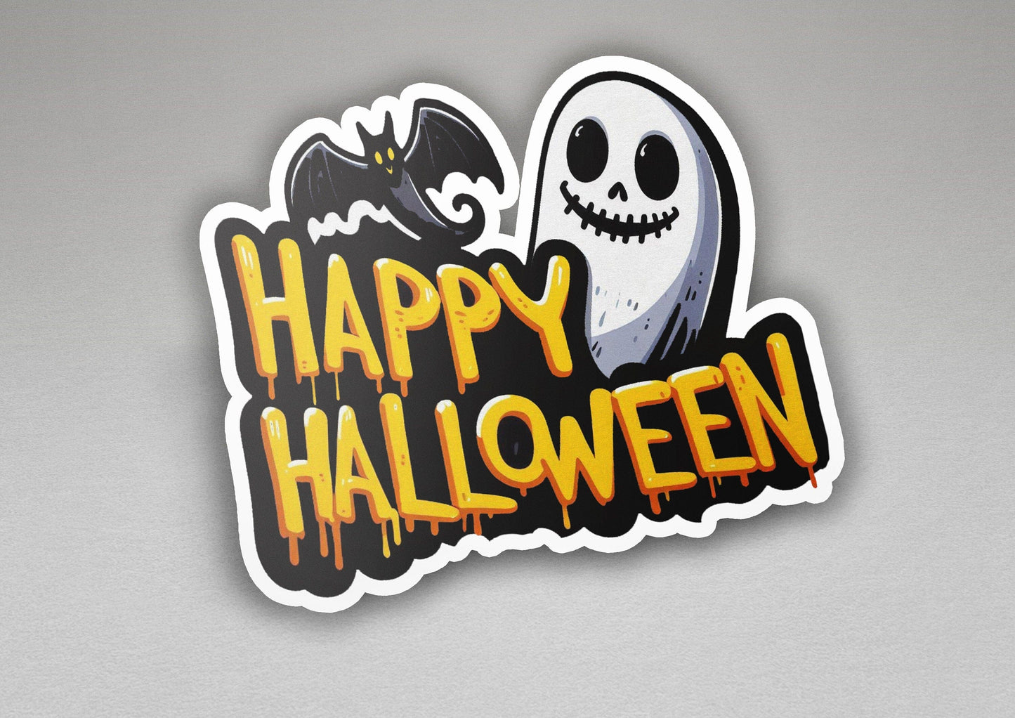a happy halloween sticker with a ghost and a bat