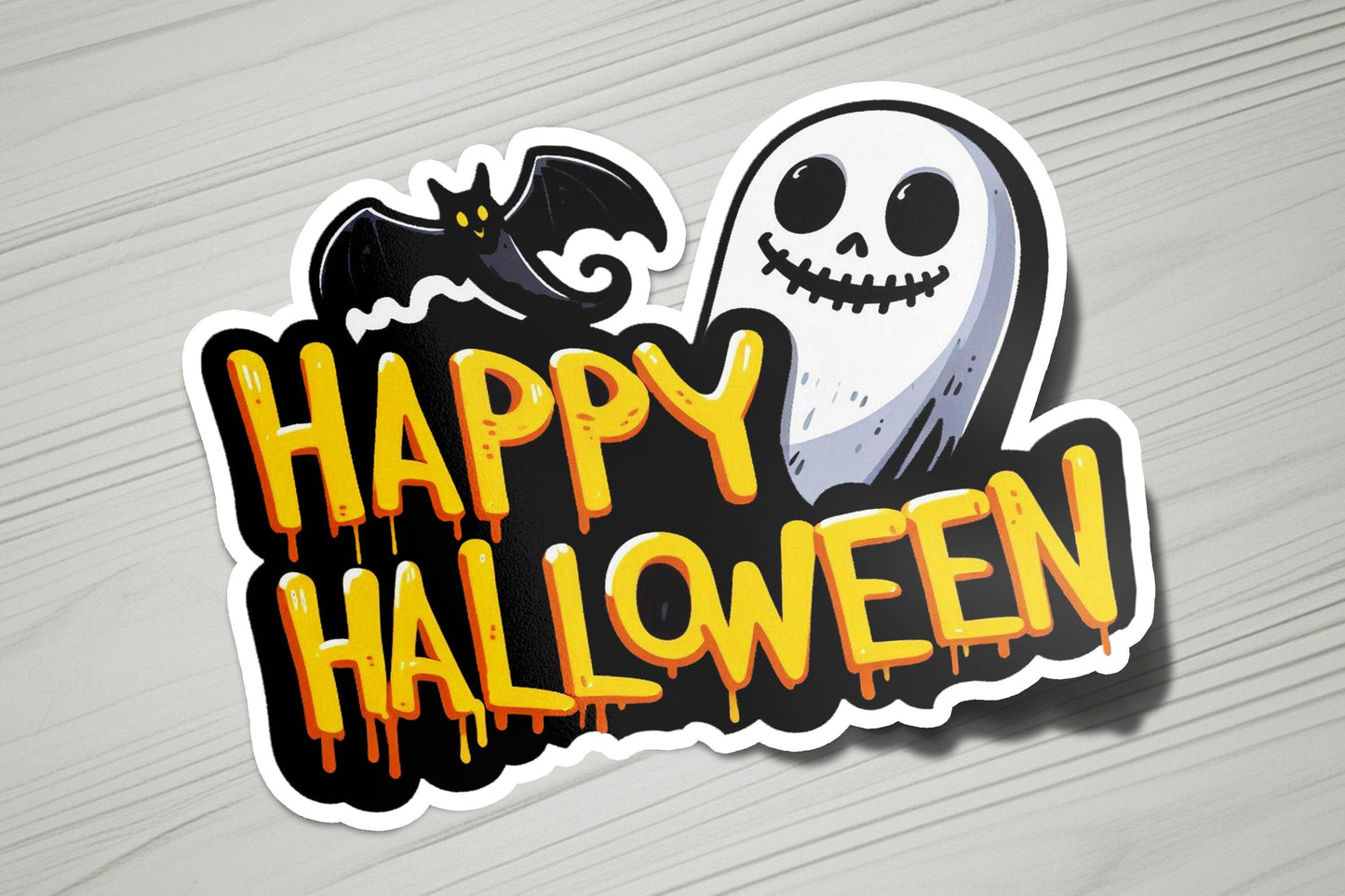a sticker that says happy halloween with a ghost and a bat