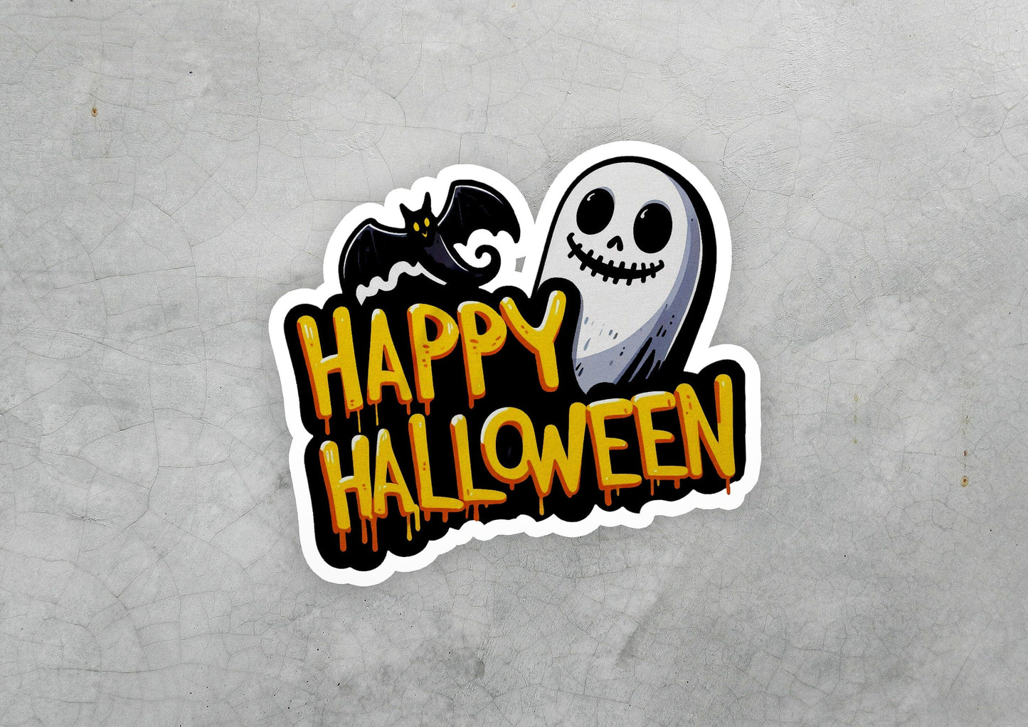 a happy halloween sticker with a ghost and a bat