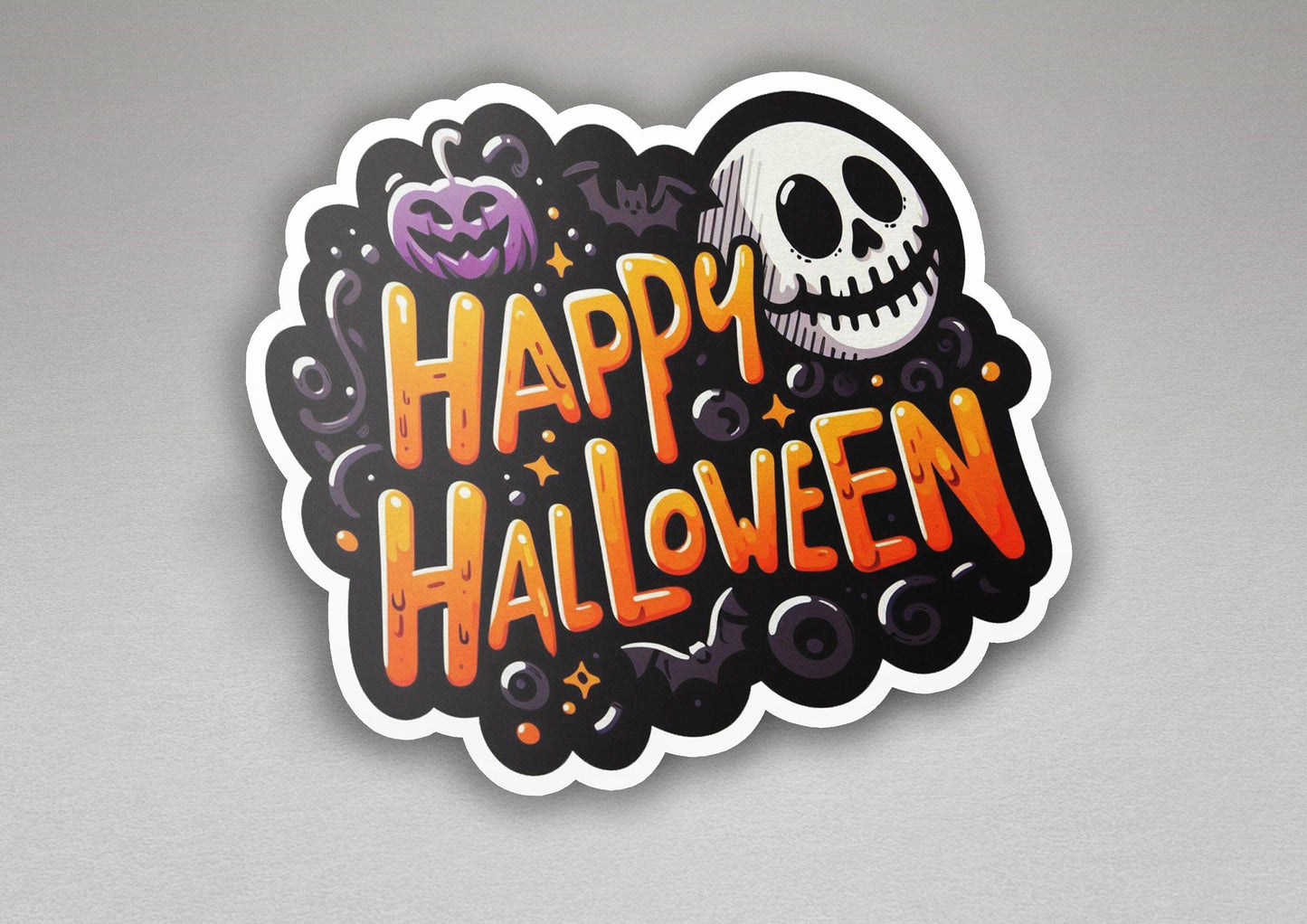 a sticker that says happy halloween with a skull on it