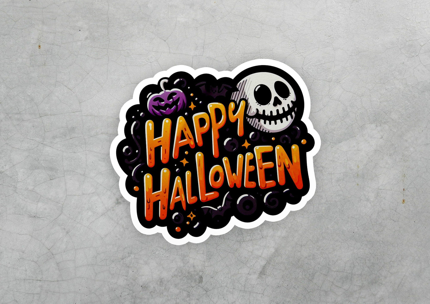 a sticker that says happy halloween with a skull on it