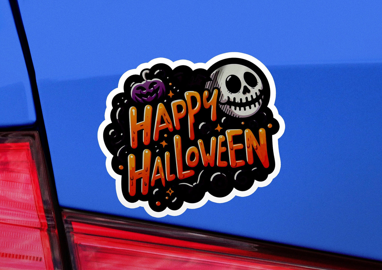 a car with a sticker that says happy halloween