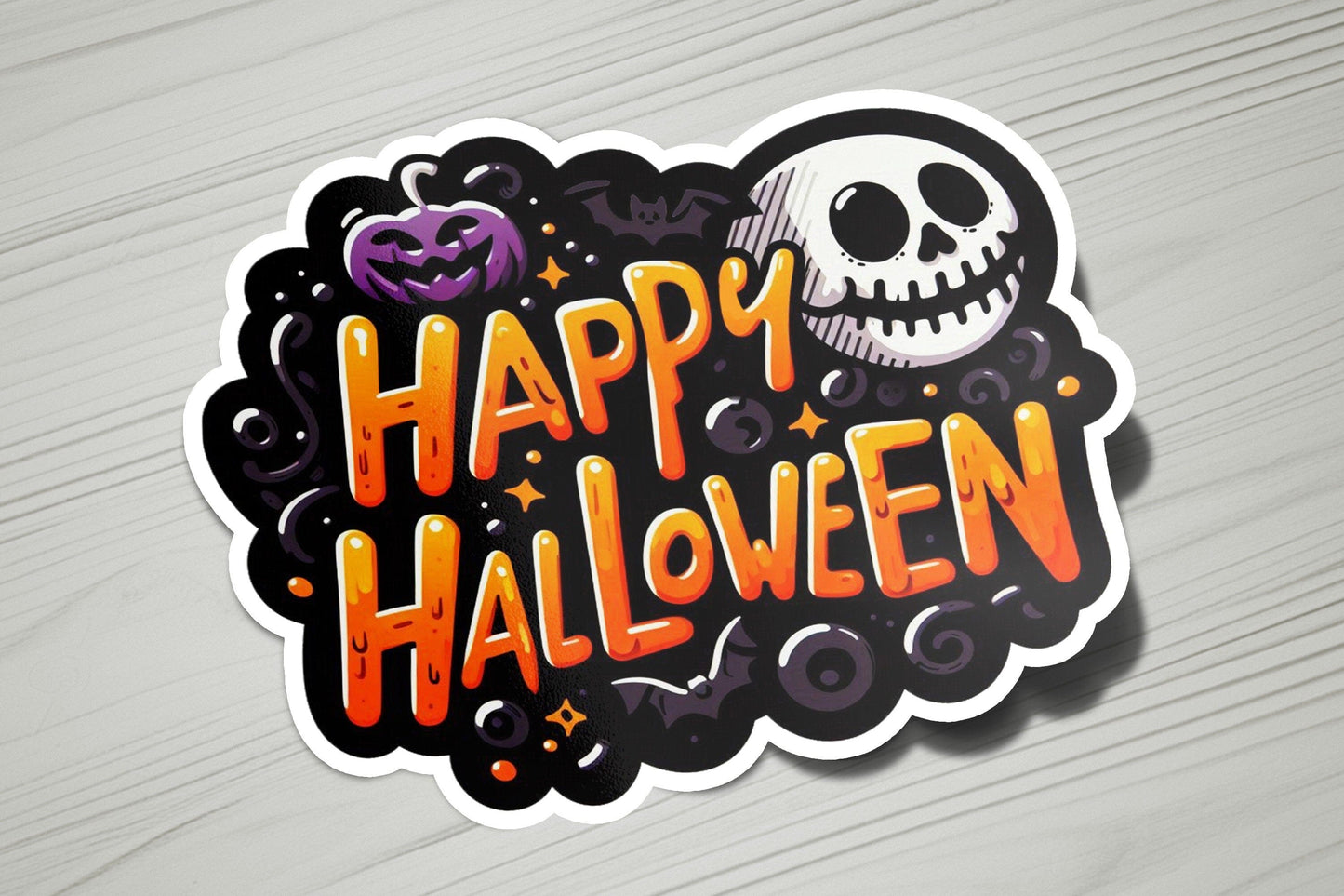 a sticker that says happy halloween with a skull on it