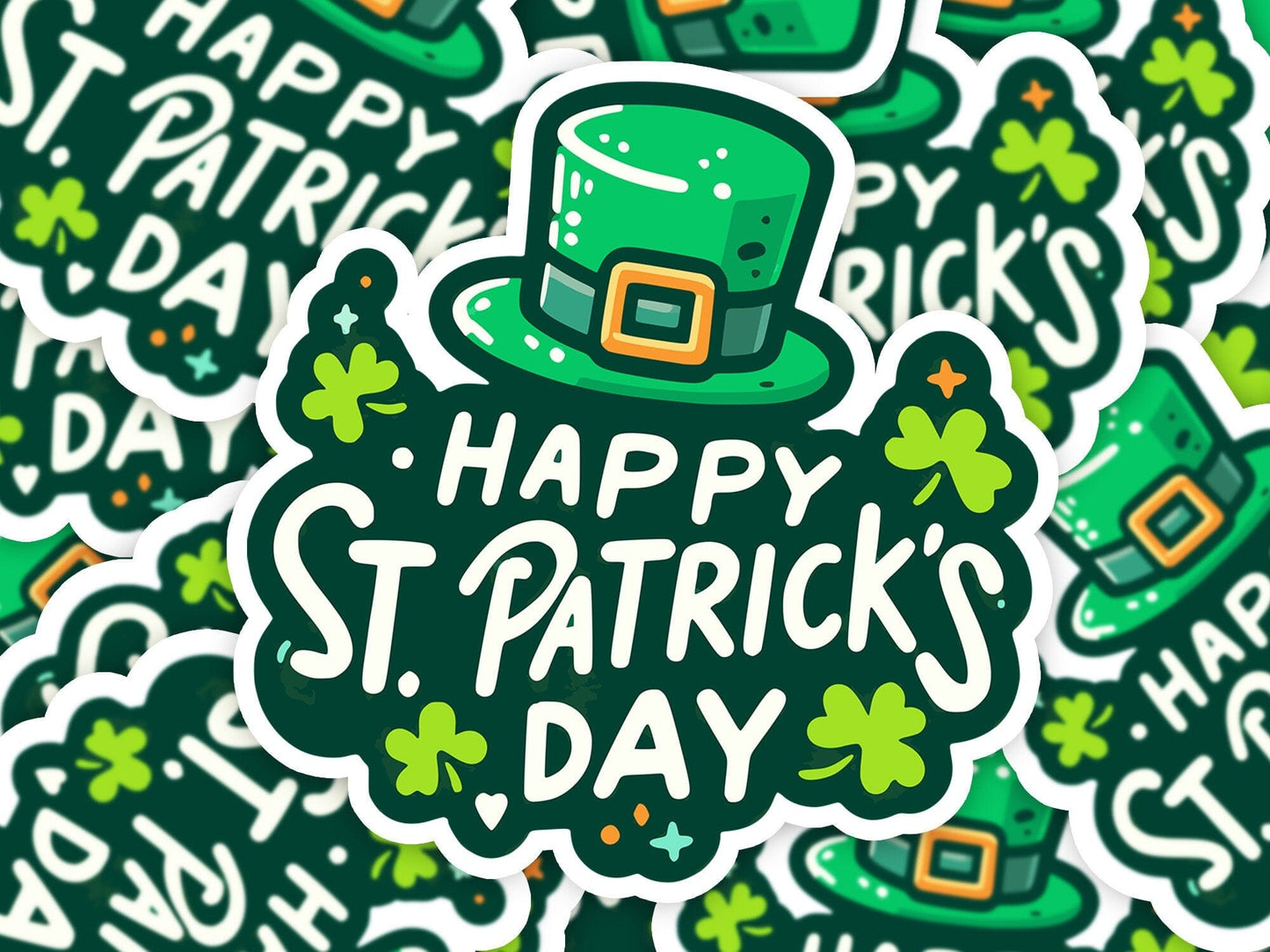 Happy St Patricks Day Hat and Clovers Vinyl Sticker | Dishwasher Safe & Durable | Custom Sizes | Fast Shipping | Made in USA Fiesta Doodle waterproof vinyl sticker. dishwasher safe outdoor sticker.