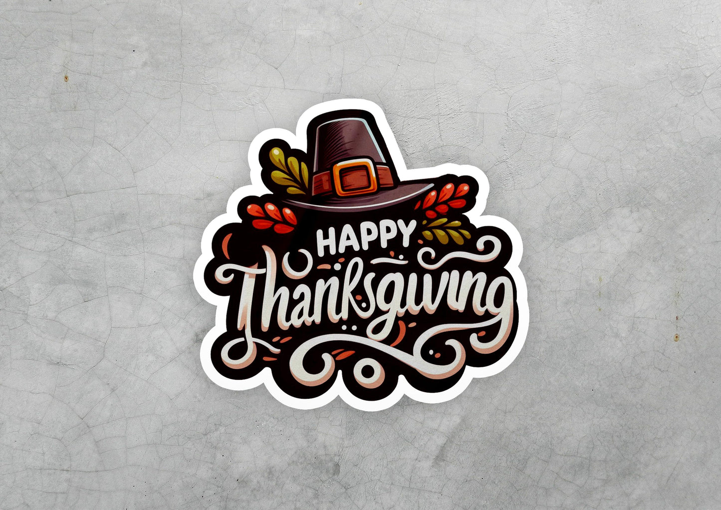 a sticker that says happy thanksgiving with a hat on it