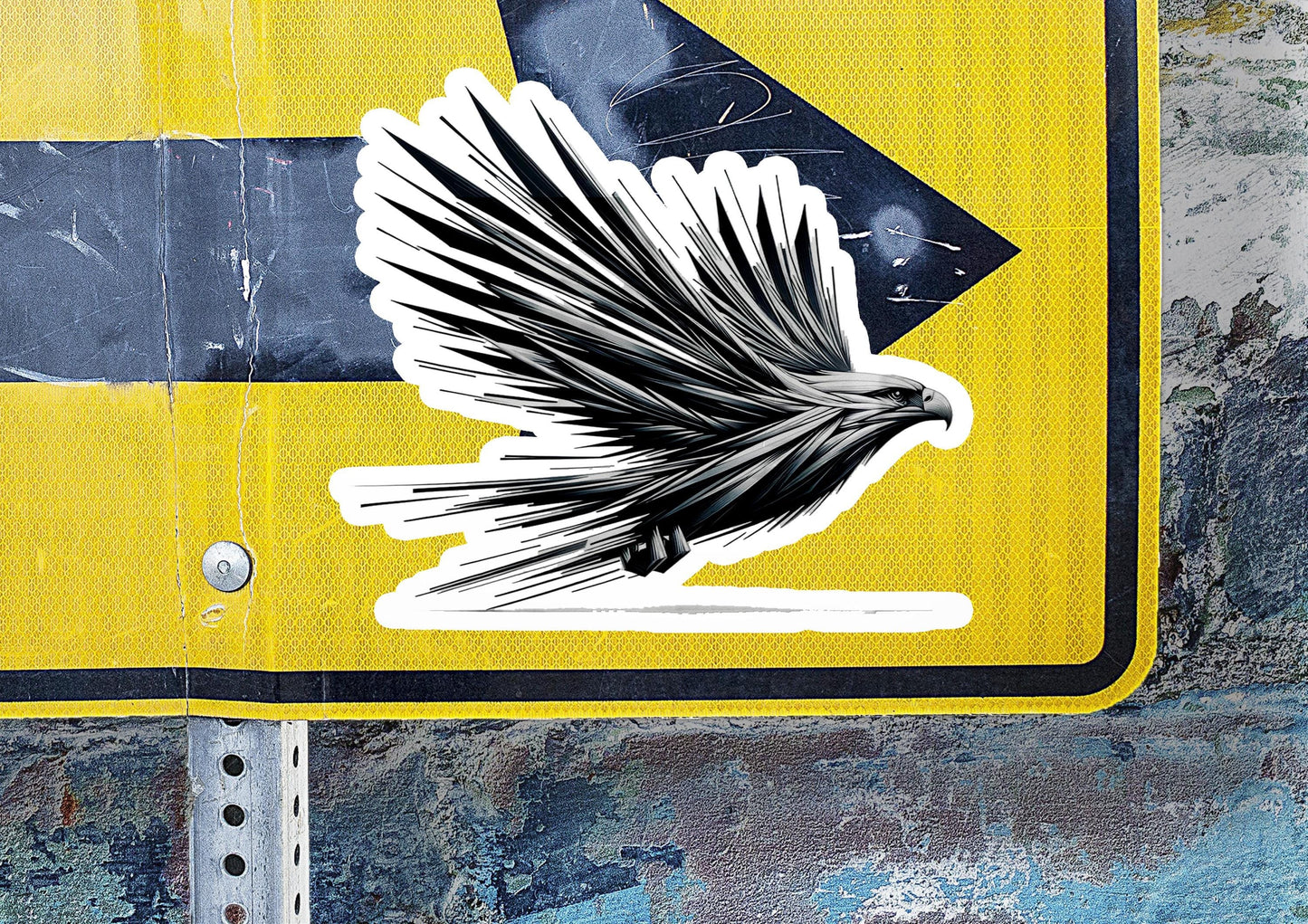 a sticker of a bird on a yellow and black street sign