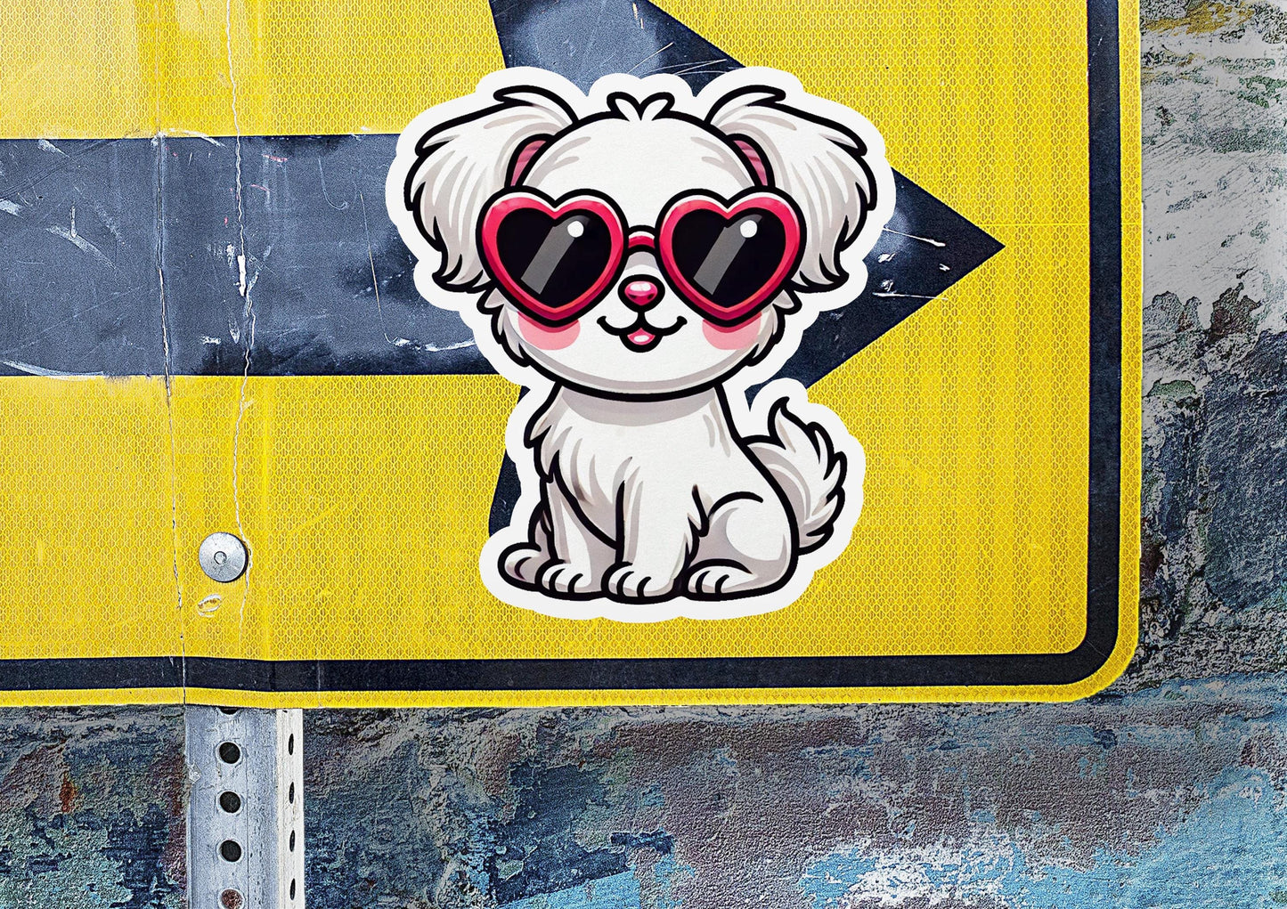 a sticker of a dog wearing heart shaped sunglasses