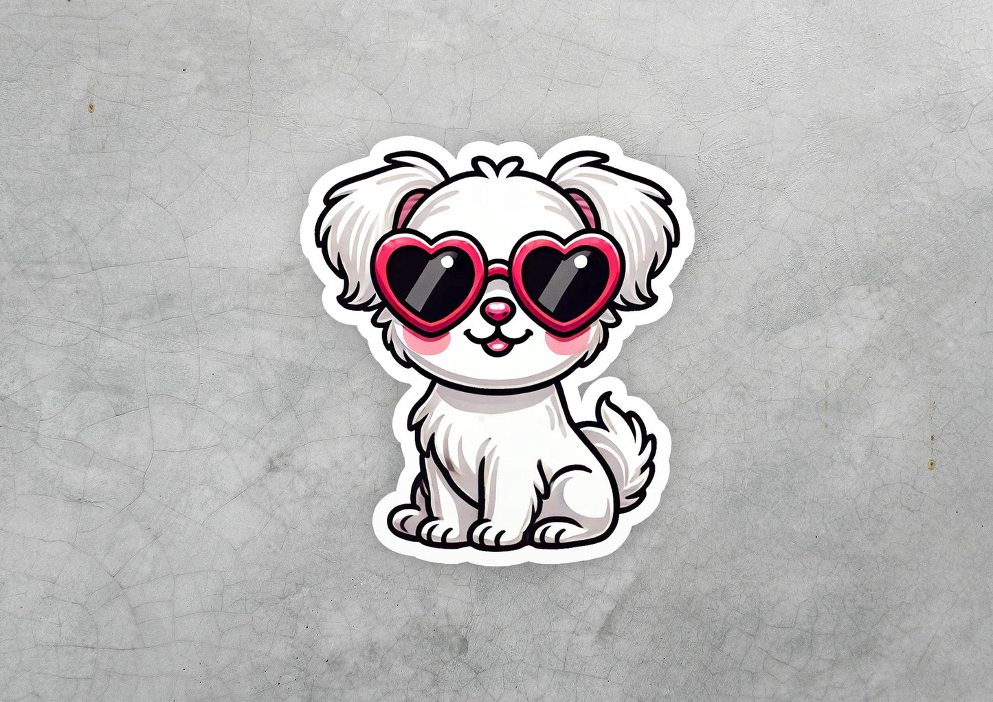 a sticker of a dog wearing heart shaped sunglasses