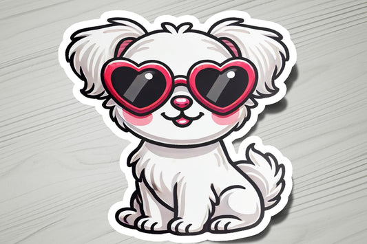 a sticker of a dog wearing heart shaped sunglasses