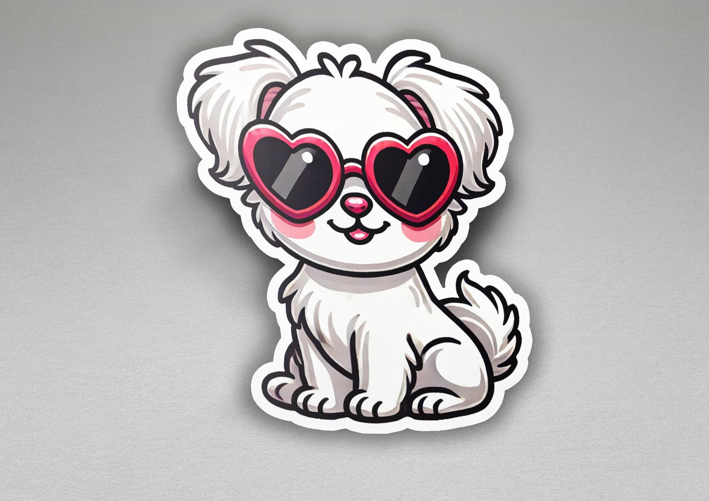 a sticker of a dog with heart shaped glasses