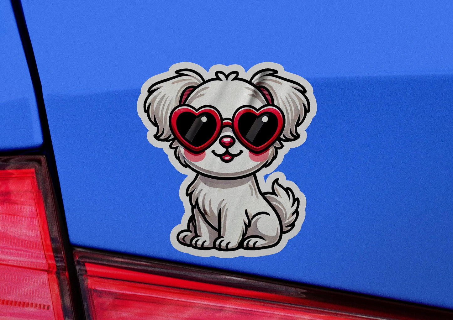 a sticker of a dog with heart shaped glasses