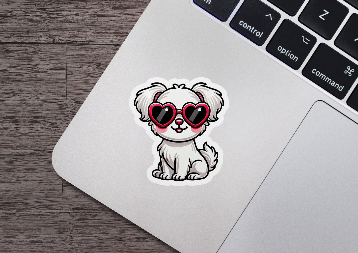 a sticker of a dog with heart shaped glasses