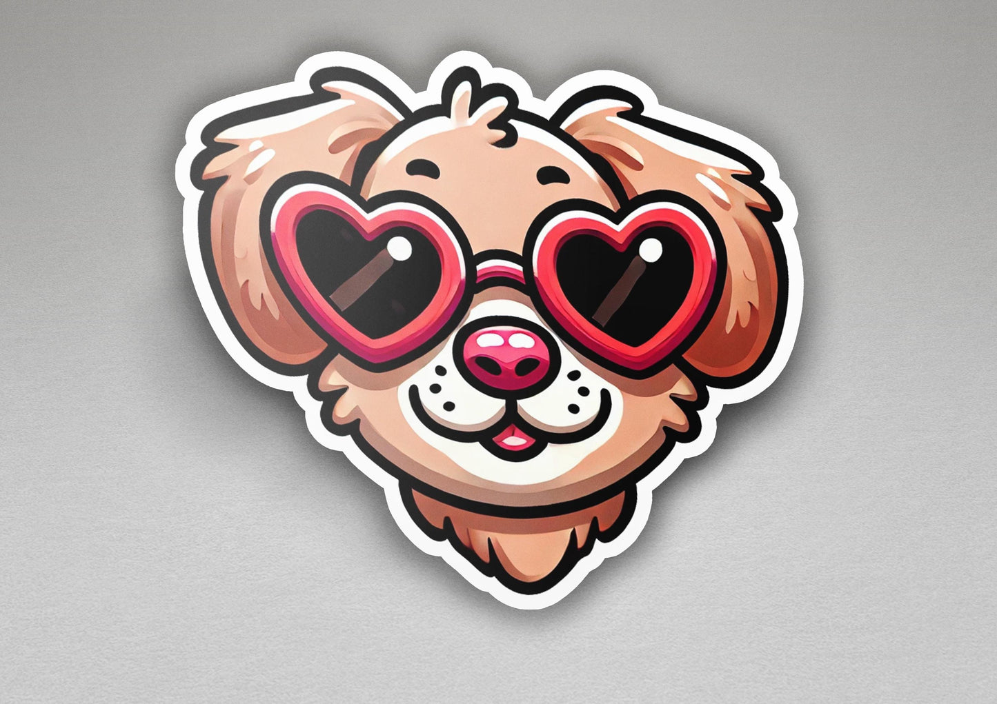 a sticker of a dog with heart shaped glasses