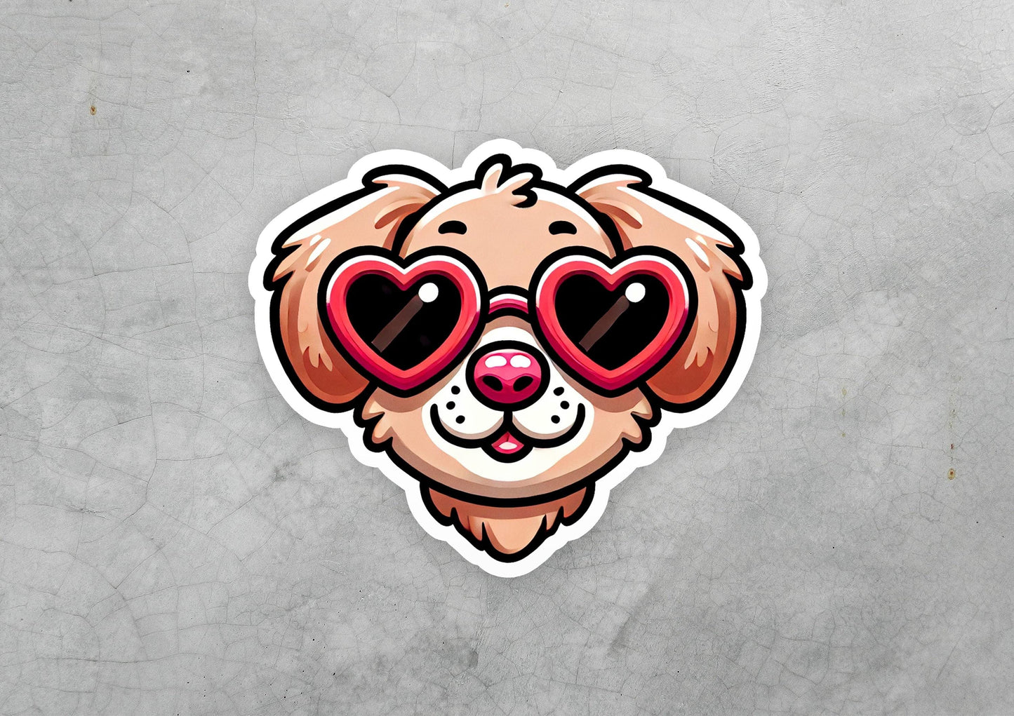 a sticker of a dog with heart shaped glasses