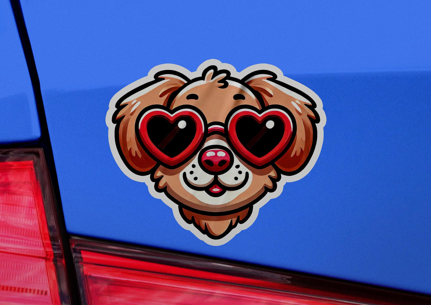 a sticker of a dog with heart shaped glasses