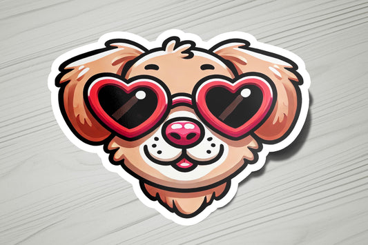 a sticker of a dog with heart shaped glasses
