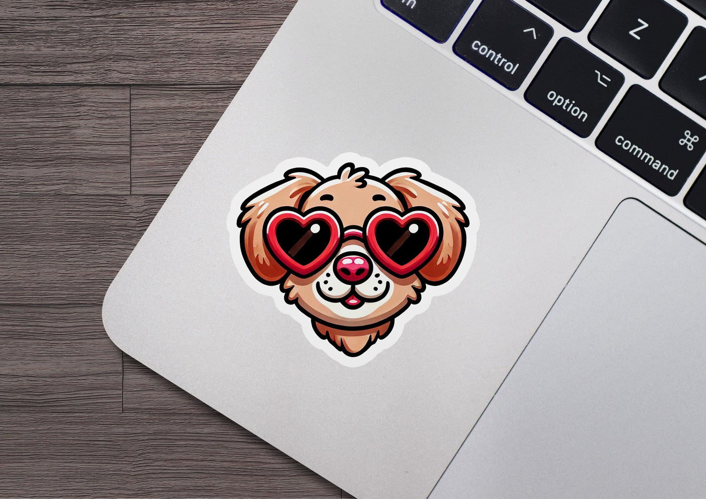 a sticker of a dog with heart shaped glasses