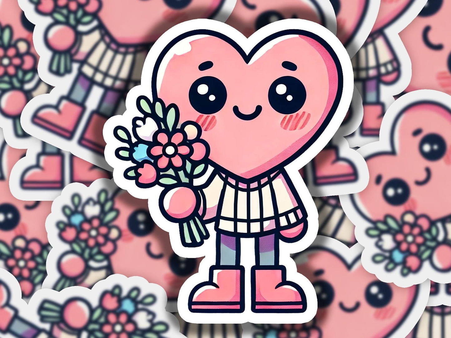 a sticker of a heart holding a bouquet of flowers