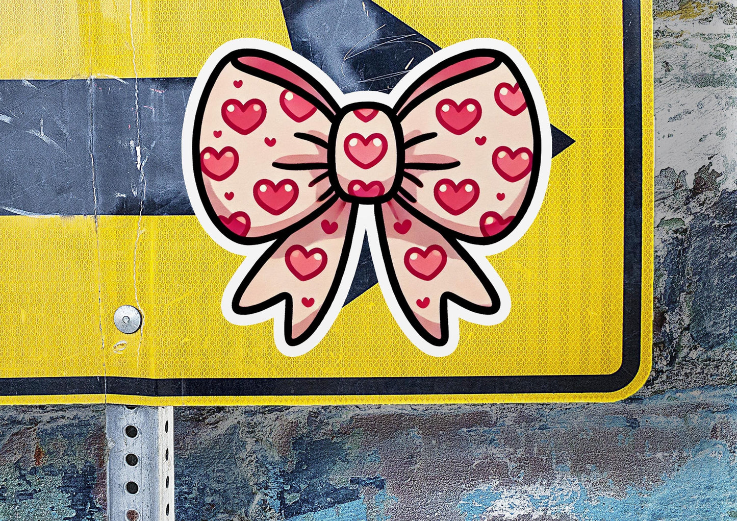 a close up of a street sign with a bow