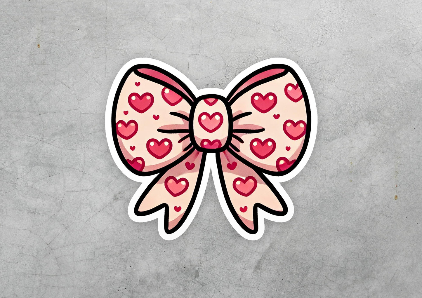 a sticker of a bow with hearts on it