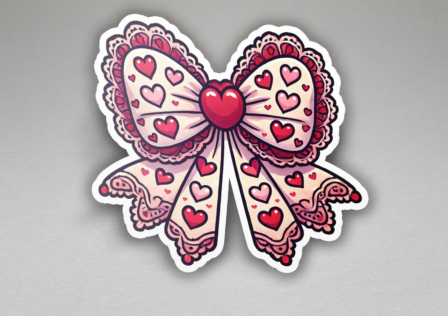 a sticker of a bow with hearts on it