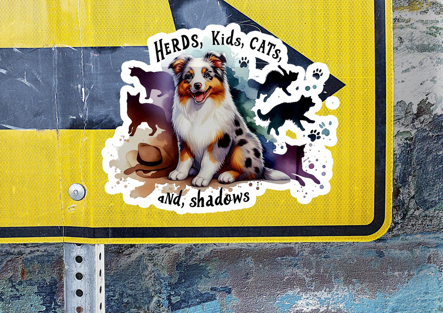 a sticker of a dog on a street sign