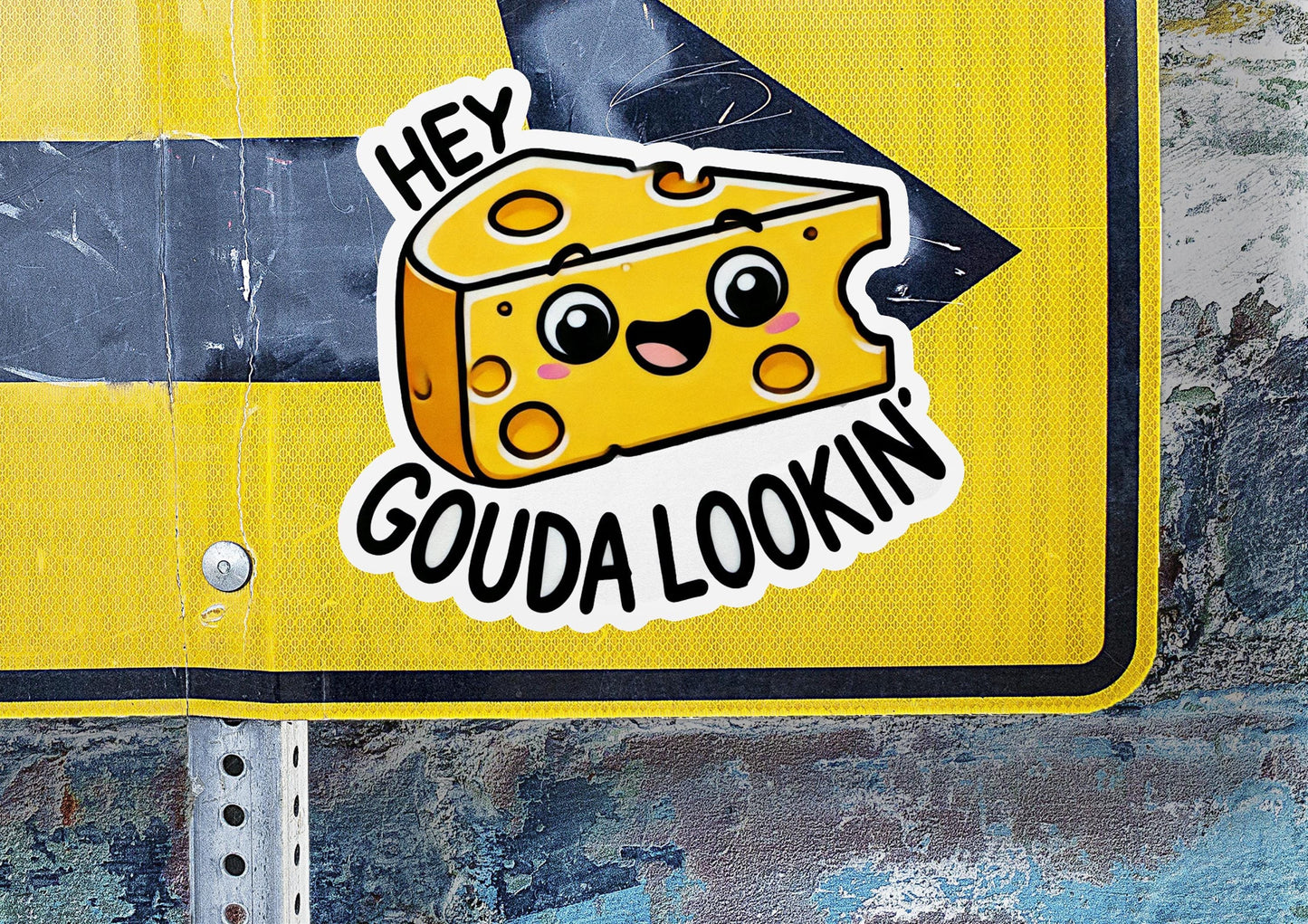a close up of a street sign with a piece of cheese on it
