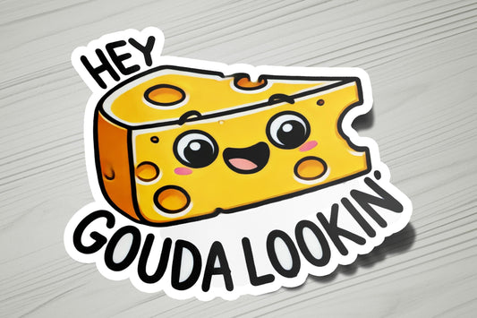 a sticker with a piece of cheese on it
