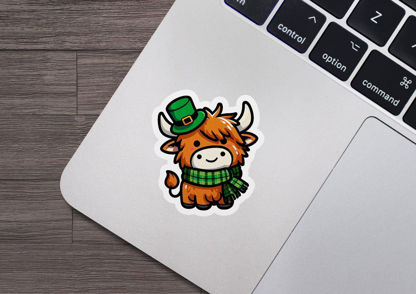 a sticker of a cow wearing a green hat and scarf