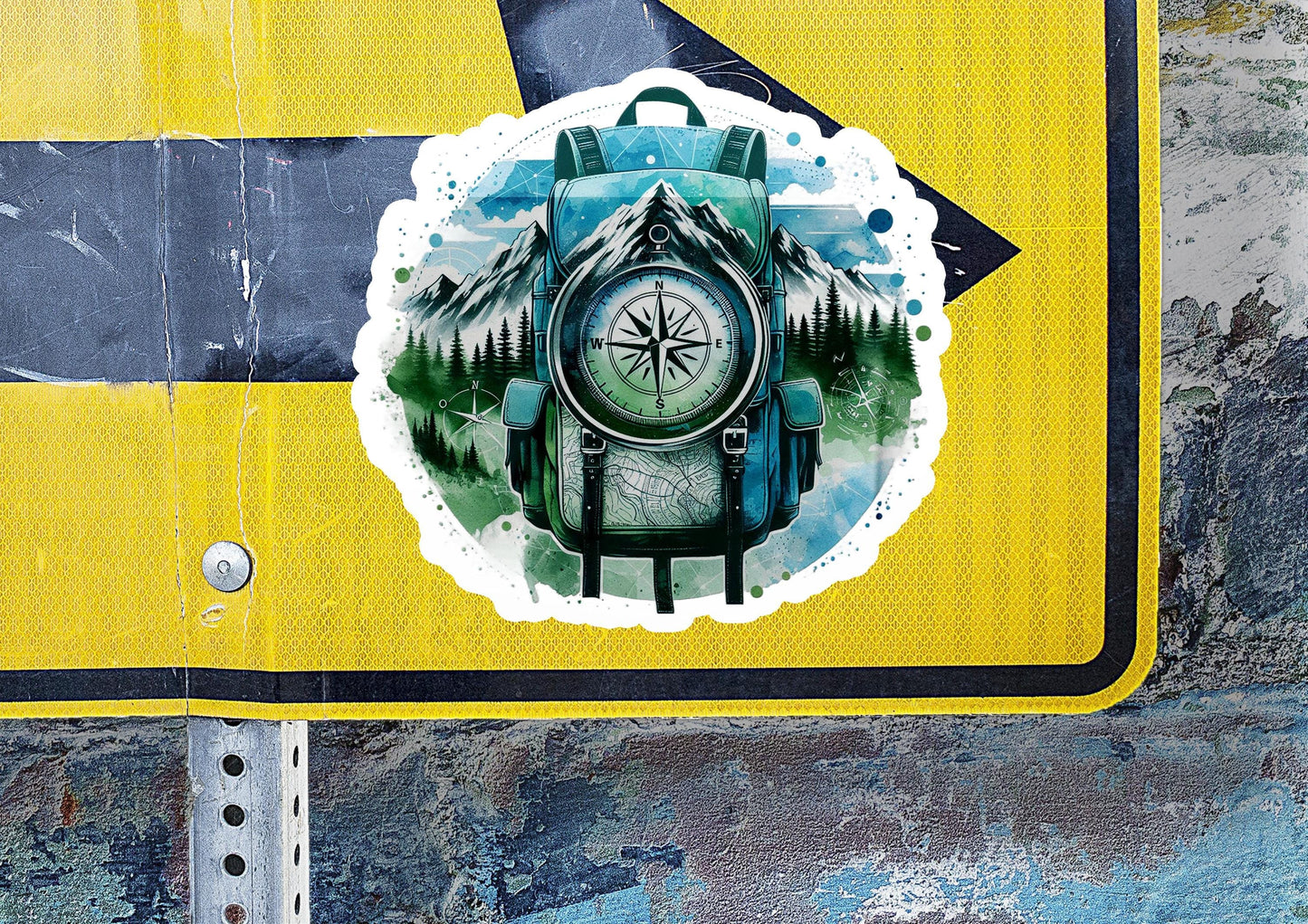 a sticker of a compass on a street sign